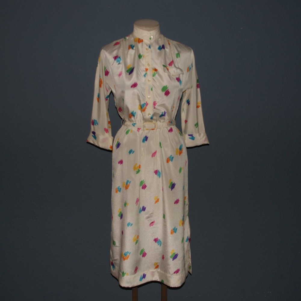 VINTAGE 70's Color Splash Secretary Midi Dress S/M - Picture 2 of 7